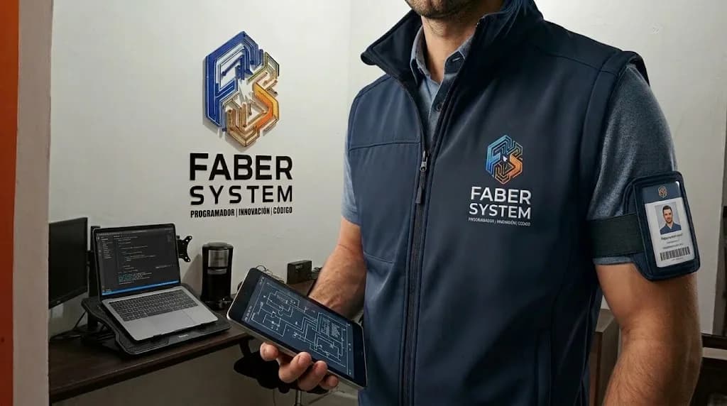 Oficina de Faber System, con el logo de la empresa en la pared